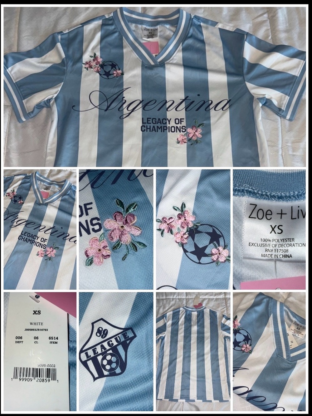 Zoe + Liv Light Blue & White Striped Soccer Top with Floral Embroidery